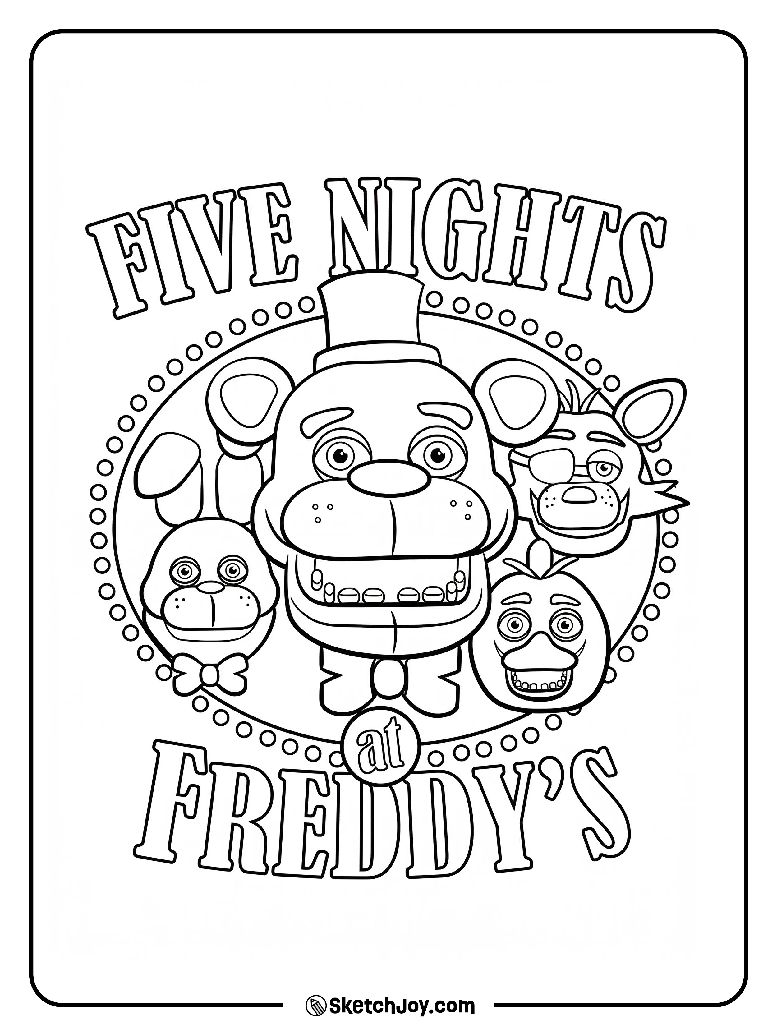 Freddy stands in the middle with Bonnie, Chica, and Foxy around a big title design.